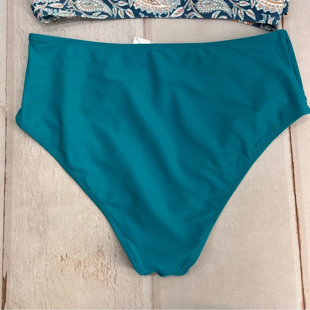 NWT High Waist Adjustable Strap Turquoise &‎ Orange Paisley Bikini SIZE LARGE